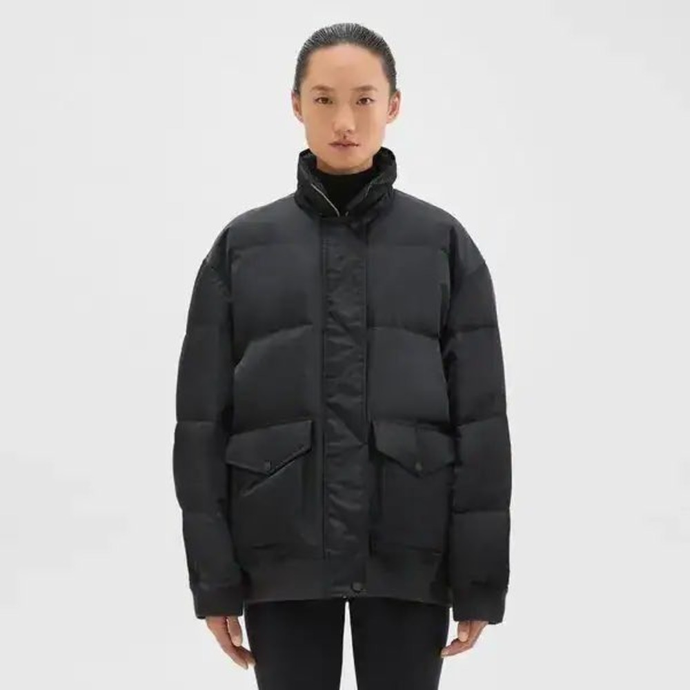 Theory NWT OS Puffer Bomber Aero Nylon Jacket Black Oversized Down Coat P/S $595